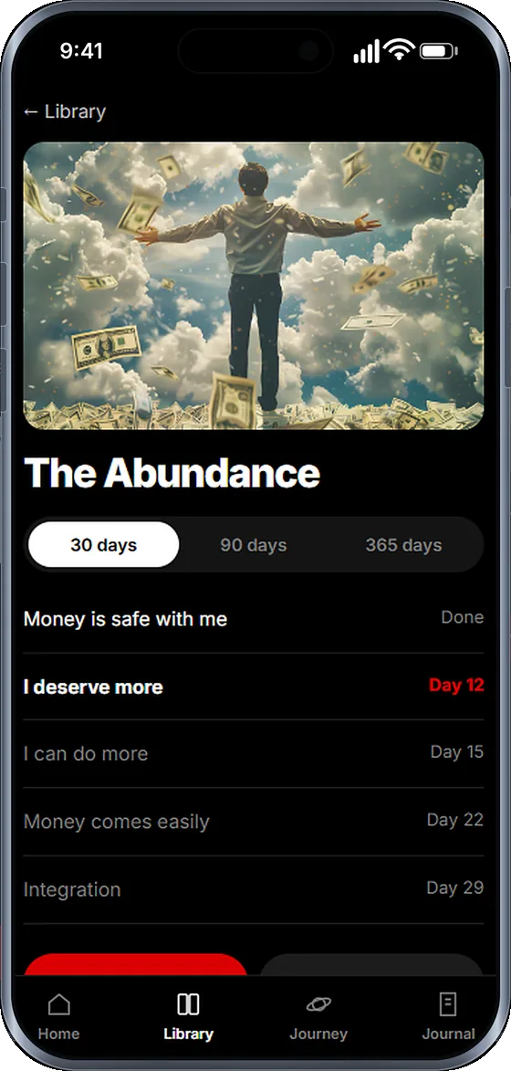 Universilium app showing The Abundance guide and its weekly chapters