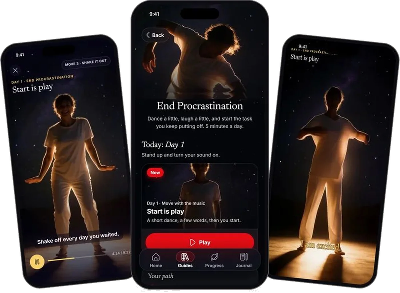 The End Procrastination guide in the Universilium app: a move session, the guide page and an affirmation screen