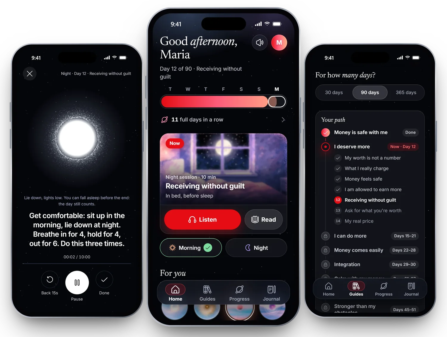 The Universilium app: a guided session, the daily home screen and the full path of the guide