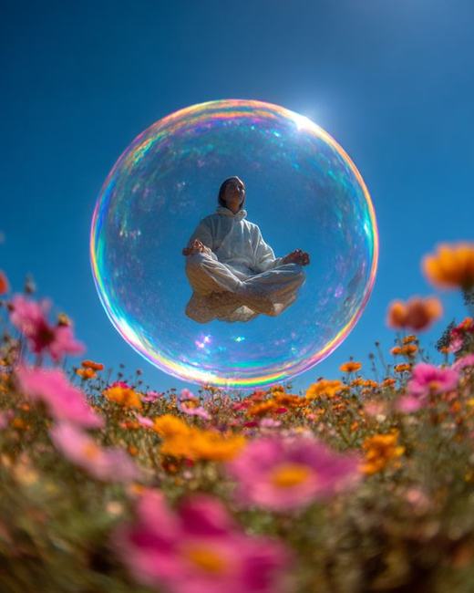 Person meditating inside a bubble in a flower field