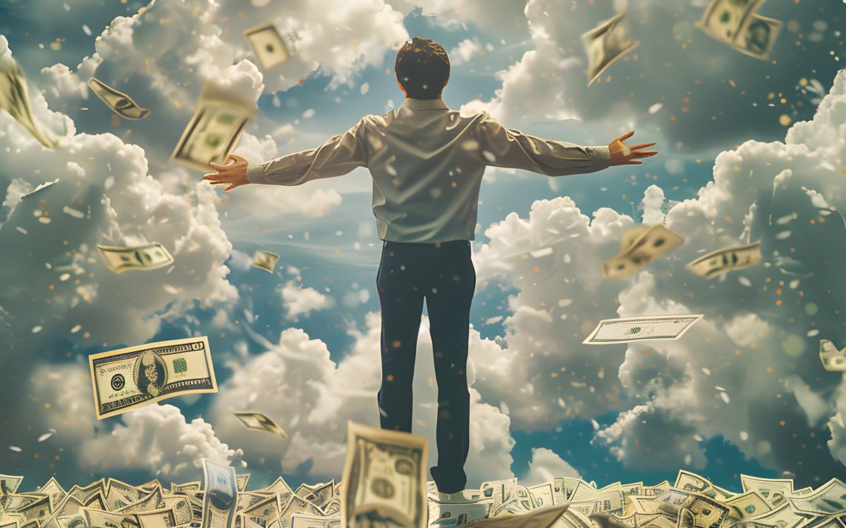 Man standing with arms open as money falls from the sky