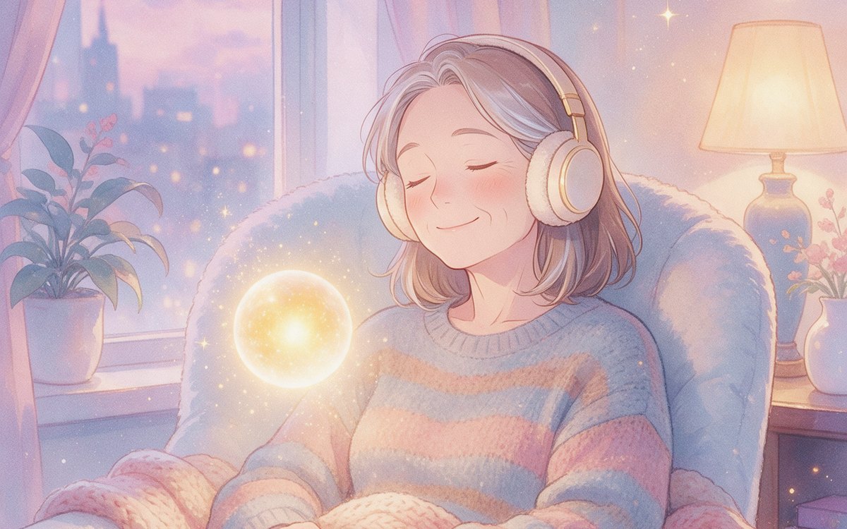 A woman resting in an armchair with headphones on, a warm light glowing beside her