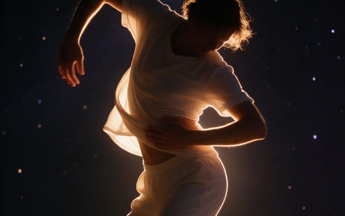 A person dancing under a night sky, lit from behind